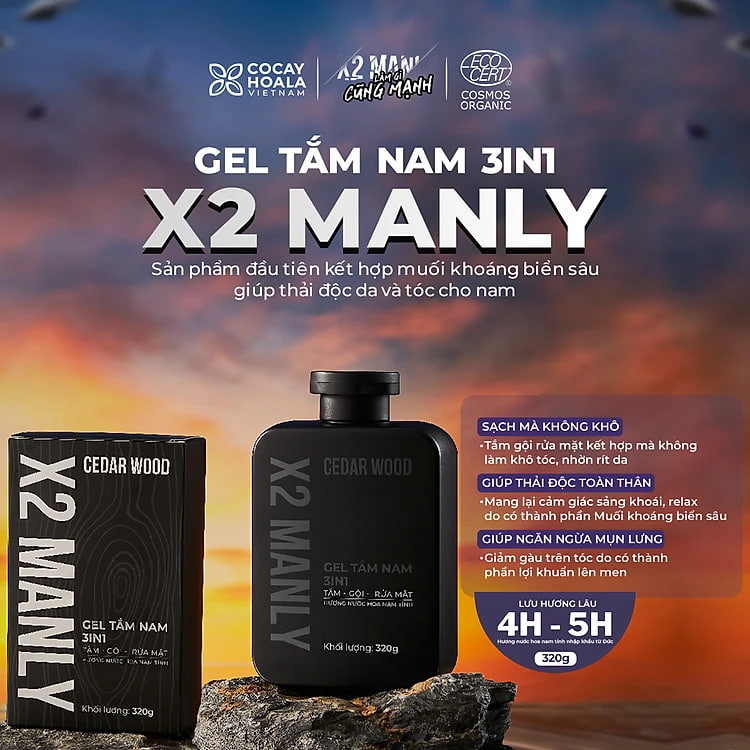 Gel Tắm Nam X2 Manly 3n1 Cocayhoala - Sữa tắm gội toàn thân hương nước hoa nam tính - 320g