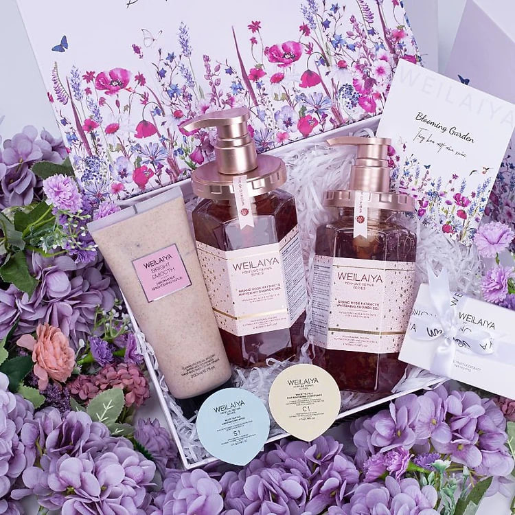 Set quà tặng cao cấp gồm 2 chai Sữa tắm trắng da cánh hoa hồng Damask và Kem ủ trắng vỏ bồ đào Weilaiya - Gói hộp quà sang trọng