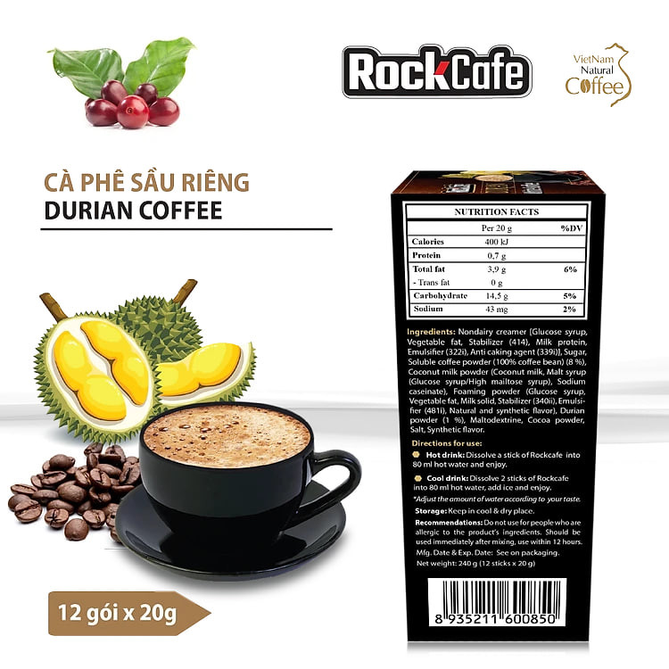Hộp 12 gói Cà phê Sầu riêng ROCKCAFE (20g/gói)