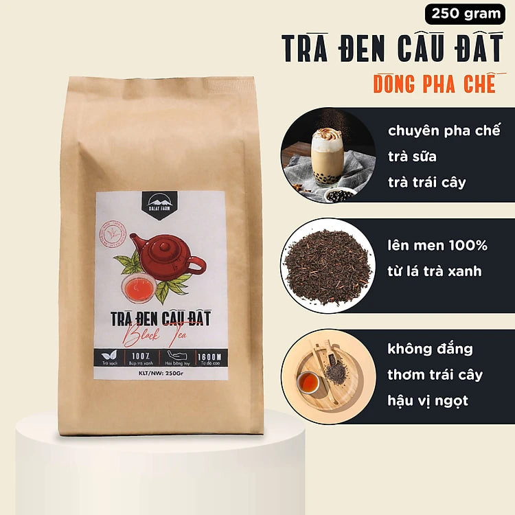 Trà Đen Cầu Đất DalatFarm - Túi 250Gr (Hồng Trà - Black Tea nguyên liệu pha chế trà sữa trà đào)