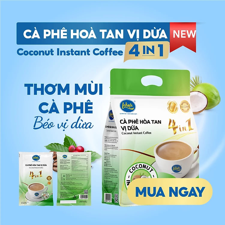 Cà phê hòa tan vị dừa 4in1 Lekofe  100% cà phê nguyên chất Đậm vị cà phê béo vị dừa Túi 24 gói 432g
