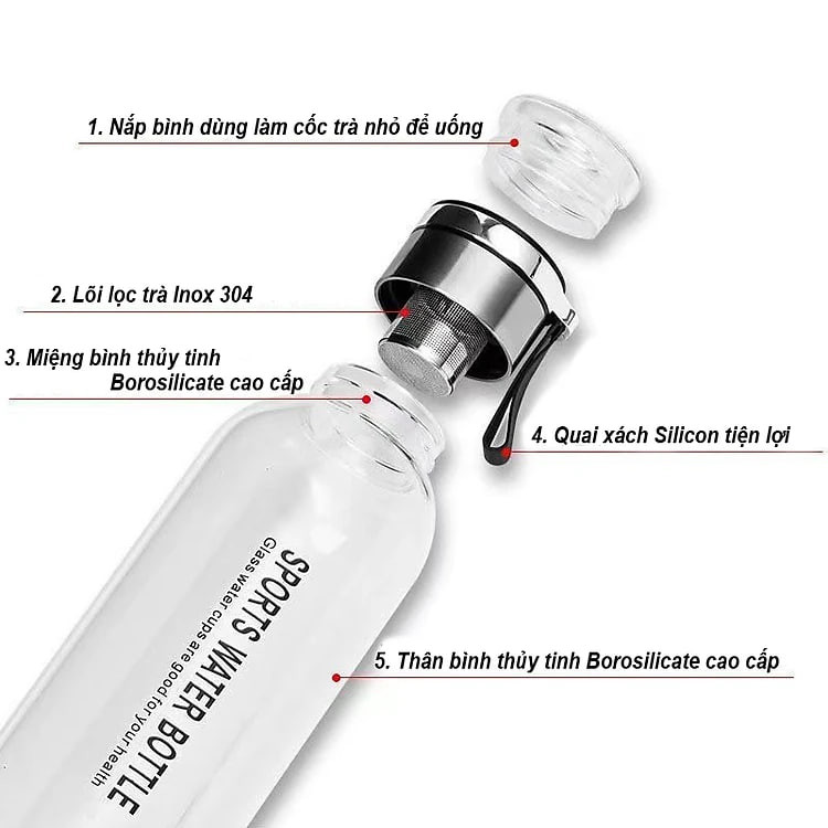 Bình Nước Thuỷ Tinh Kèm Nắp Pha Trà Thông Minh Cao Cấp Có Lọc Trà Inox Sang Trọng Tặng Túi Chống Nóng Quai Đeo