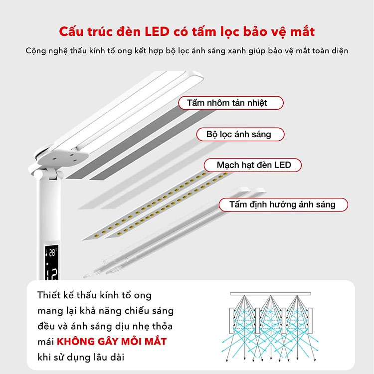 Đèn Học Chống Cận, Đèn Bàn Học 3 Màu, Chỉnh Độ Sáng, Có Đồng Hồ Phù Hợp Mọi Lứa Tuổi