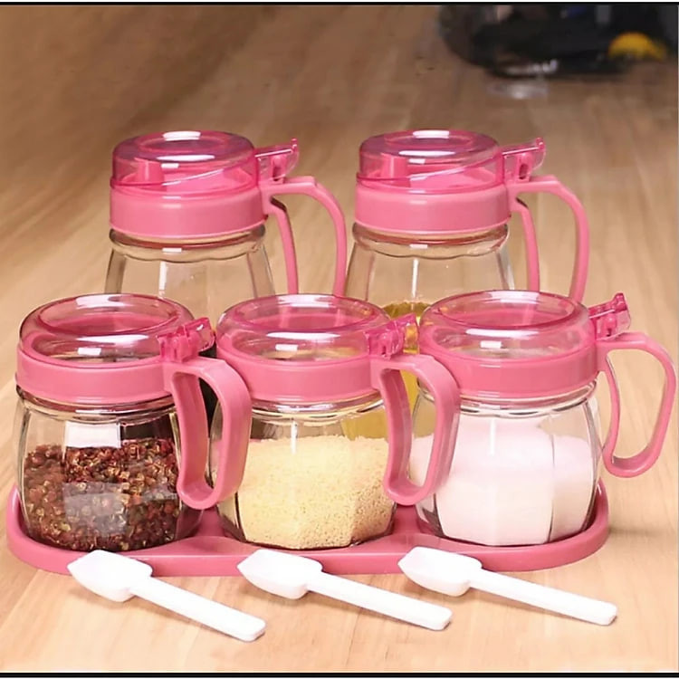 Set 5 hủ đựng gia vị thủy tinh lớn thiết kế thông minh đi kèm thìa múc tiện lợi giúp nhà bếp gọn gàng và đẹp mắt hơn có hộp đựng sang trọng