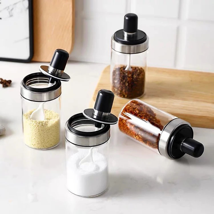 Combo 5 Lọ Đựng Gia Vị Thủy Tinh Hũ Đựng Gia Vị Có Thìa Thông Minh Tiện Lợi Kiểu Dáng Hiện Đại Nắp Vặn Xoáy Kín Khí