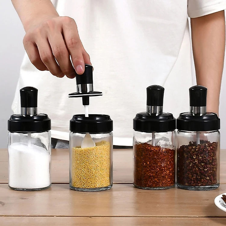 Combo 5 Lọ Đựng Gia Vị Thủy Tinh Hũ Đựng Gia Vị Có Thìa Thông Minh Tiện Lợi Kiểu Dáng Hiện Đại Nắp Vặn Xoáy Kín Khí
