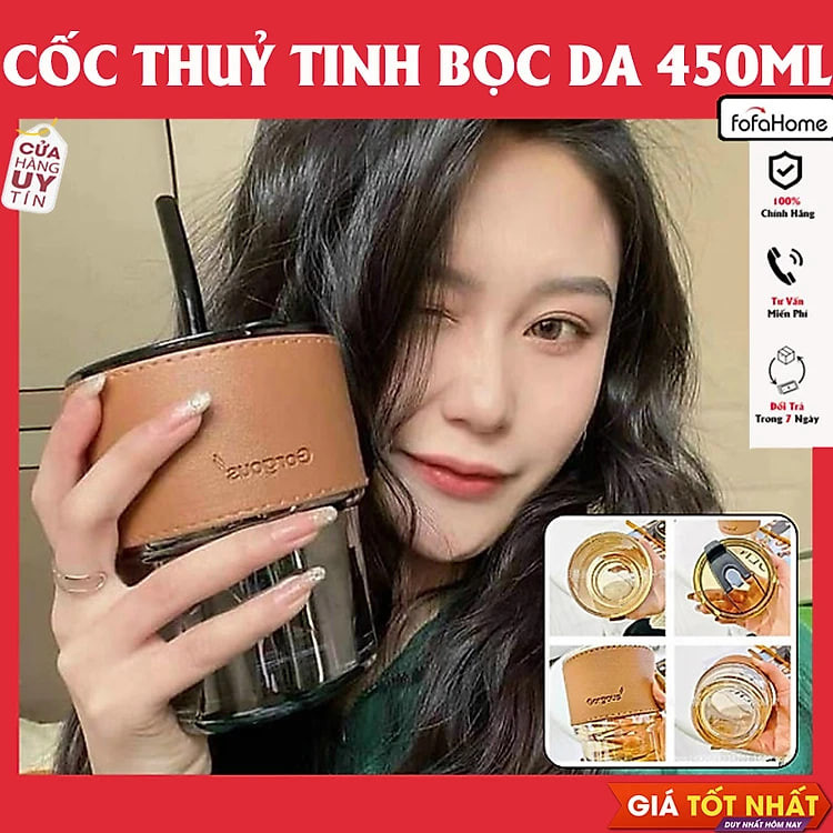 Cốc Ly Thuỷ Tinh/ Inox Bọc Da GORGOUS Có Nắp Đậy Và Ống Hút Bọc Da Chống Nóng Sang Chảnh Dày Đẹp