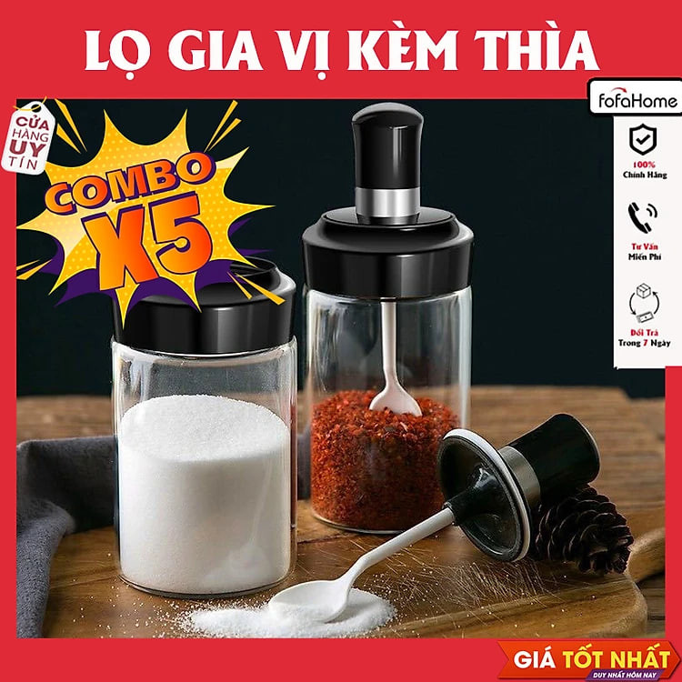 Combo 5 Lọ Đựng Gia Vị Thủy Tinh Hũ Đựng Gia Vị Có Thìa Thông Minh Tiện Lợi Kiểu Dáng Hiện Đại Nắp Vặn Xoáy Kín Khí