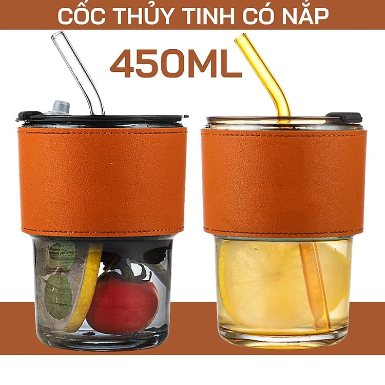 Cốc Ly Thuỷ Tinh/ Inox Bọc Da GORGOUS Có Nắp Đậy Và Ống Hút Bọc Da Chống Nóng Sang Chảnh Dày Đẹp
