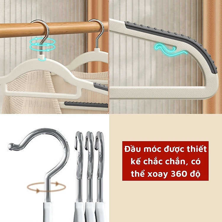 Set 10 móc treo quần áo chống trượt xoay 360 đa năng