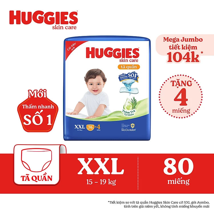 Tã/bỉm quần Huggies Skin Care Mega Jumbo XXL76+4 miếng với tràm trà dịu da