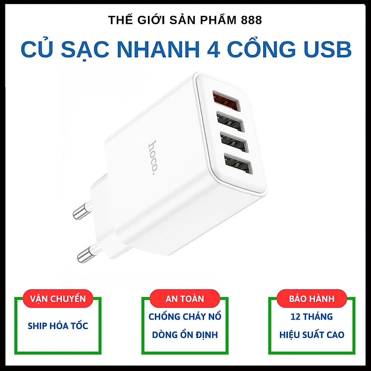 Củ sạc nhanh 4 cổng USB, cốc sạc điện thoại sạc nhanh QC3.0 28.5W C102A - Hàng chính hãng
