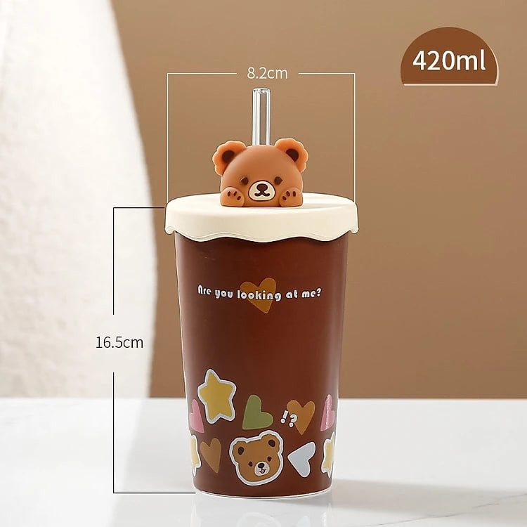 Ly Gốm Sứ Gấu dễ thương 420ML kèm Nắp silicon và Ống hút thủy tinh
