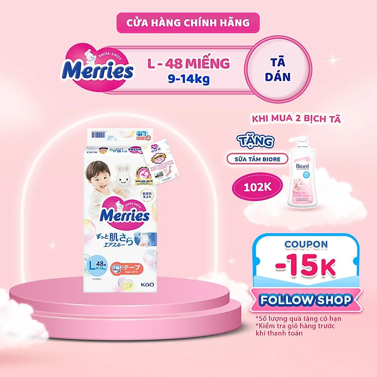 Tã/bỉm dán Merries size L - 48 miếng (dành cho bé từ 9 - 14kg)