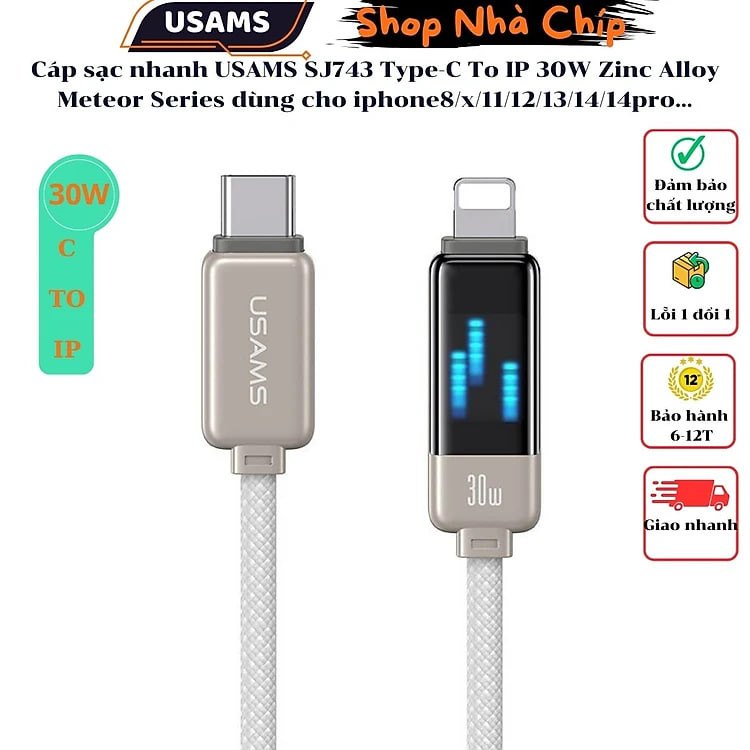 Cáp sạc nhanh USAMS SJ743 Type-C To IP 30W Zinc Alloy Meteor Series dùng cho iphone8/x/11/12/13/14/14pro...(Hàng nhập khẩu)