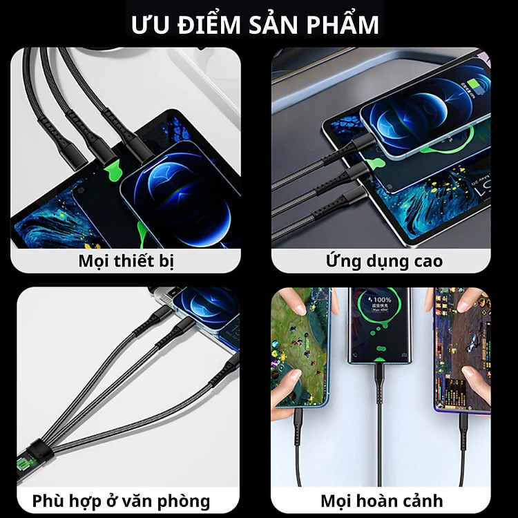 Dây Sạc Nhanh, Cáp Sạc 3 Đầu Công Suất Tối Đa 100W, Sạc Tất Cả Các Dòng Máy, Dây Dài 1-1.2m Loại Dây Dù Chống Đứt - Hàng Nhập Khẩu