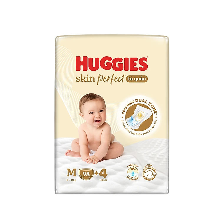 Tã quần Huggies Skin Perfect Mega Jumbo M98+4 miếng với 2 vùng thấm giảm kích ứng da