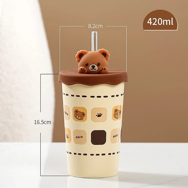 Ly Gốm Sứ Gấu dễ thương 420ML kèm Nắp silicon và Ống hút thủy tinh