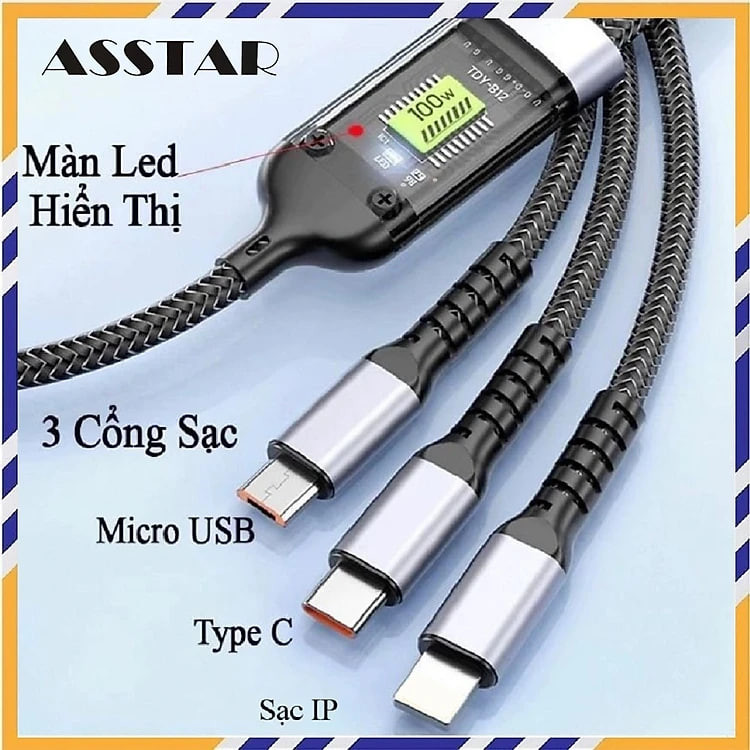 Dây Sạc Nhanh, Cáp Sạc 3 Đầu Công Suất Tối Đa 100W, Sạc Tất Cả Các Dòng Máy, Dây Dài 1-1.2m Loại Dây Dù Chống Đứt - Hàng Nhập Khẩu