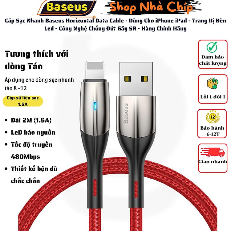 Cáp Sạc Nhanh Baseus Horizontal Data Cable - Dùng Cho iPhone iPad - Trang Bị Đèn Led - Công Nghệ Chống Đứt Gãy SR - Hàng Chính Hãng
