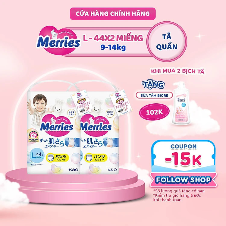 Combo 2 Tã/bỉm quần Merries Đủ Size M52/L44/XL38/XXL26