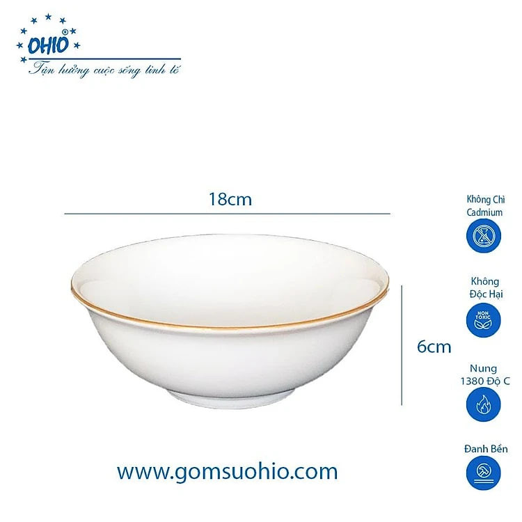 Tô LOE 18cm Sứ Trắng Viền Kim OHIO