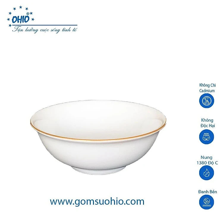 Tô LOE 18cm Sứ Trắng Viền Kim OHIO
