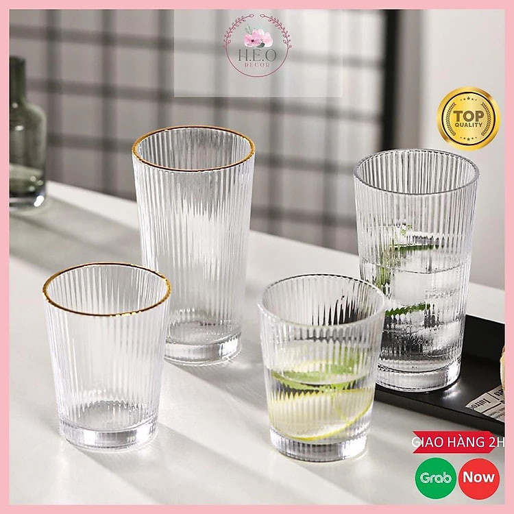 Cốc thủy tinh cao cấp họa tiết sọc dọc, ly thủy tinh uống nước Heodecor C16