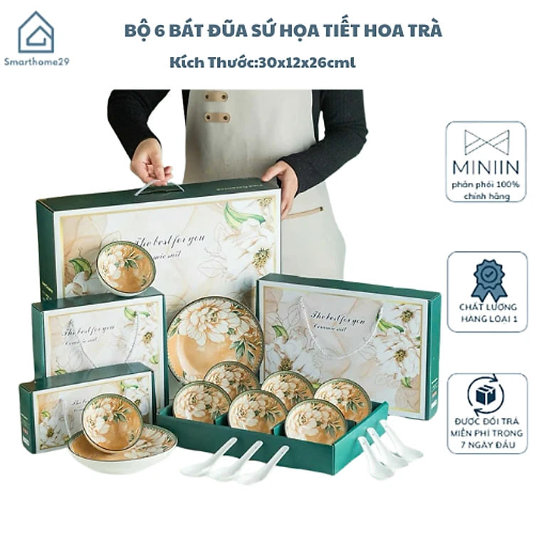 Bộ 6 Bát Đũa Sứ Ăn Cơm Họa Tiết Hoa Trà Kèm Hộp Tặng Quà, Mang Đi Biếu Gia Đình và Bạn Bè - HÀNG CHÍNH HÃNG MINIIN