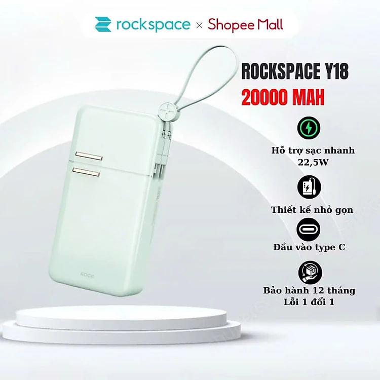 Pin sạc dự phòng Y18 ROCKSPACE sạc nhanh 20000mAh tích hợp dây cáp sạc - Hàng chính hãng bảo hành 12 tháng