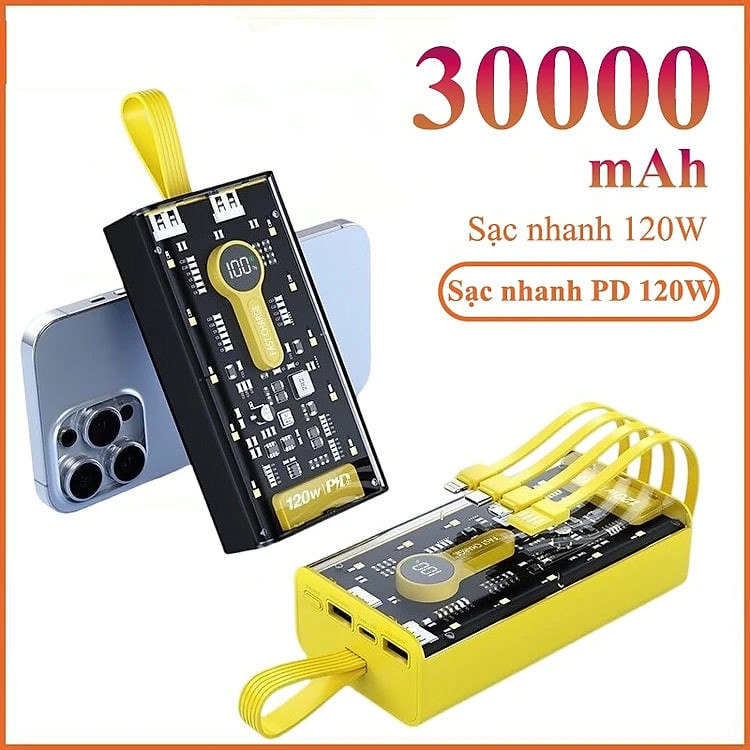 Sạc Dự Phòng trong suốt 30000mAh - sạc siêu nhanh, tích hợp 4 cáp, 2 cổng usb, sạc cùng lúc nhiều điện thoại - Hàng chính hãng
