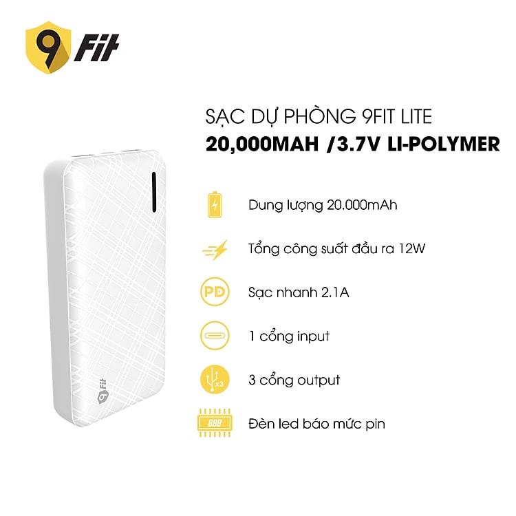 Sạc dự phòng 9FIT Lite 20,000mAh /3.7V Li-Polymer - 9PL20K03B, hỗ trợ sạc nhanh - Hàng chính hãng