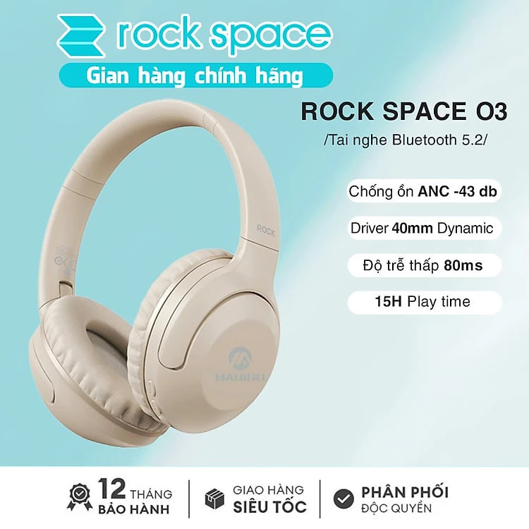 Headphone Tai nghe bluetooth chụp tai không dây chống ồn chủ động ANC ROCKSPACE O3 có mic nghe nhạc 15h hàng chính hãng