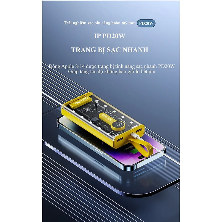 Sạc Dự Phòng trong suốt 30000mAh - sạc siêu nhanh, tích hợp 4 cáp, 2 cổng usb, sạc cùng lúc nhiều điện thoại - Hàng chính hãng