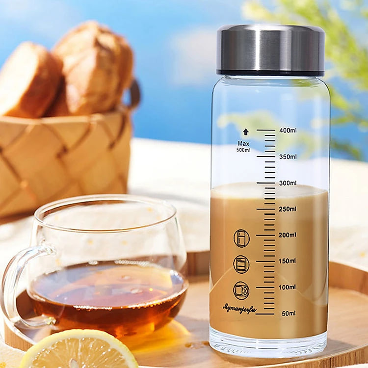 Chai Thủy Tinh Nắp Inox Có Thang Chia Vạch Chịu Nhiệt Tốt Dung Tích 350ml - 500ml Tặng Kèm Túi Giao Màu Ngẫu Nhiên