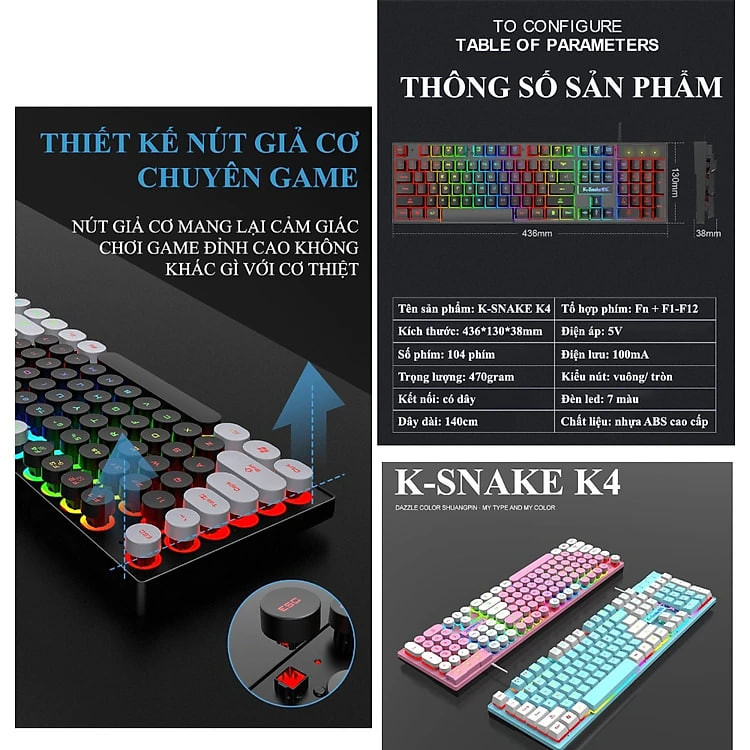 Bàn phím Game nút tròn K-SNAKE K4 Led 7 màu - Hàng chính hãng