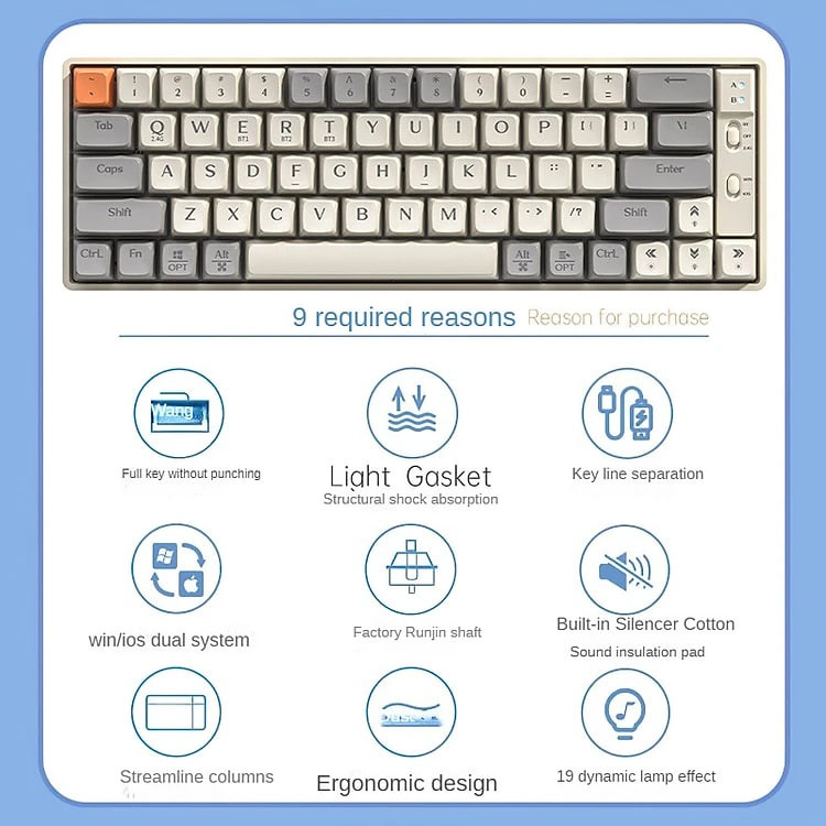 Bàn Phím Cơ Gaming không dây GK65 chống ồn - Bluetooth + USB - Pin sạc TypeC - Hotswap cho máy tính laptop điện thoại hàng nhập khẩu