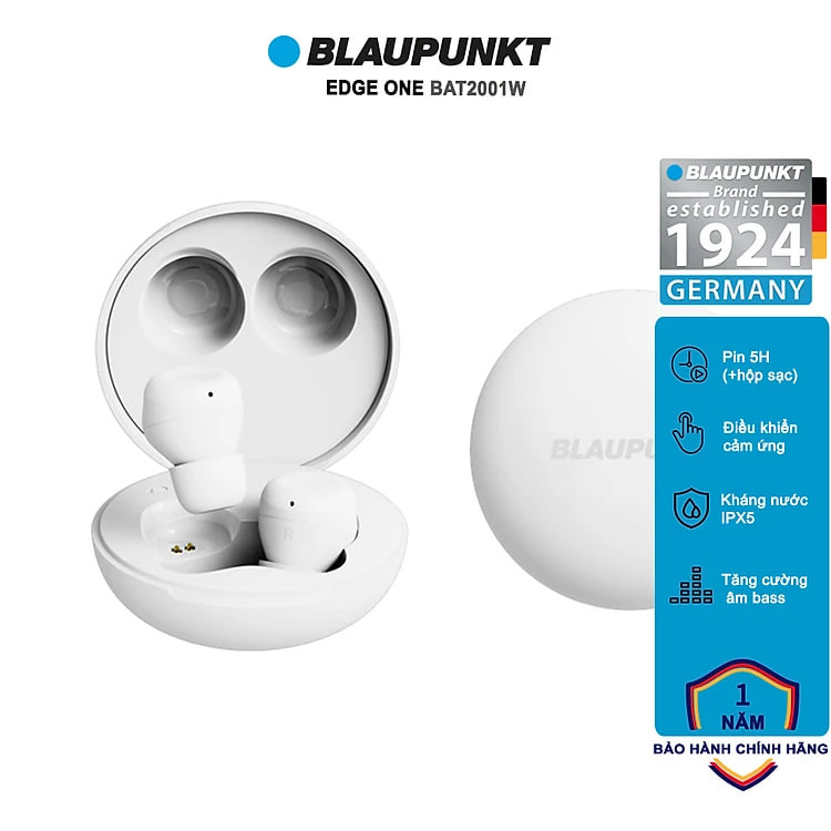Tai nghe Bluetooth Blaupunkt EDG ONE BAT2001W - chống nước IPX5, Màu trắng- Hàng chính hãng