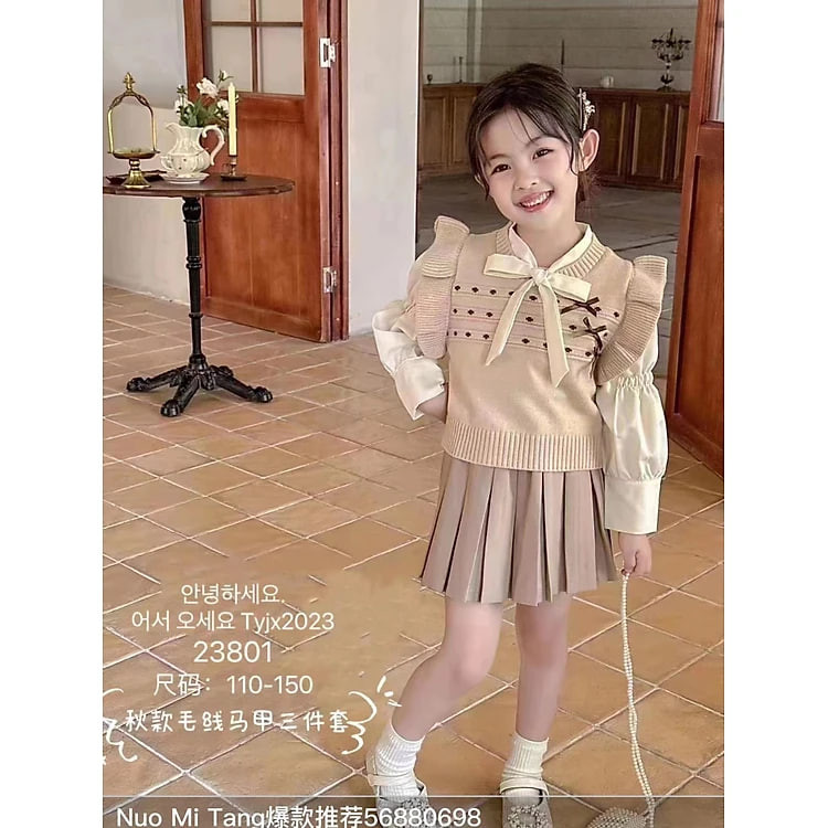 Set váy cho bé gái 3-8 tuổi đính 3 nơ và thỏ. Váy thu đông trẻ em phong cách Hàn Quốc kiểu dáng thời trang