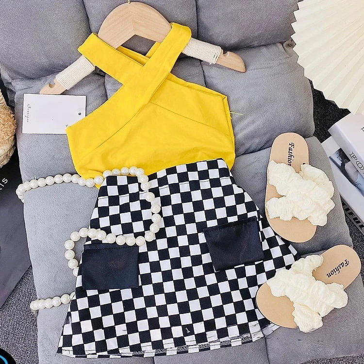 Nguyên set bộ quần giả váy phối áo croptop chéo dây cho bé gái phong cách từ 12-40kg chất cotton mềm mịn mát