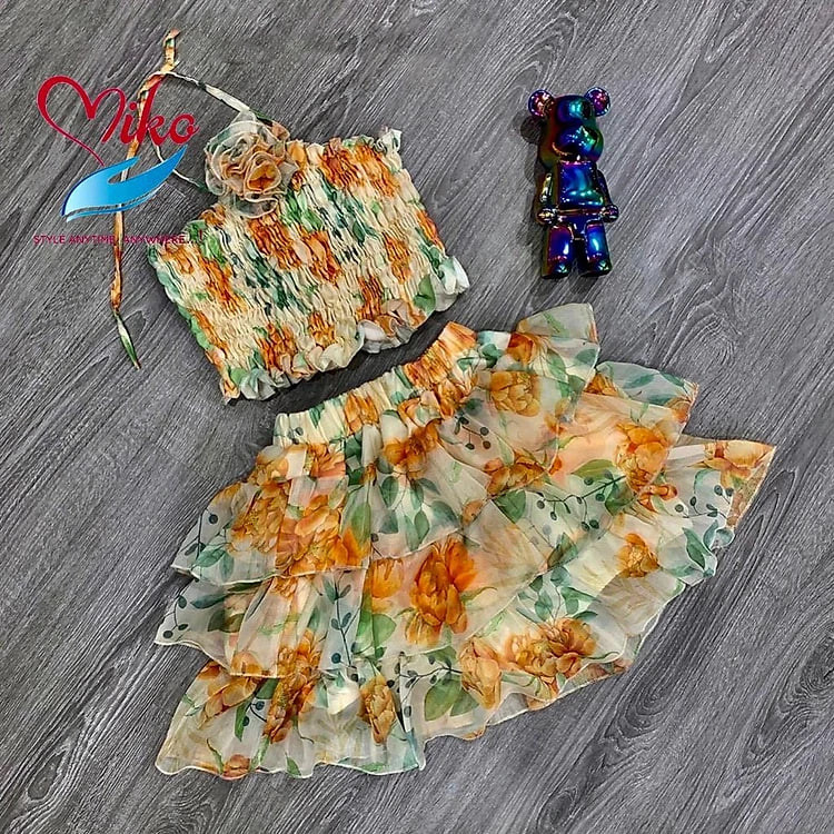 Nguyên set bộ quần giả váy phối áo croptop đính hoa cho bé gái du lịch đi biển từ 5-30kg chất voan mềm mịn mát