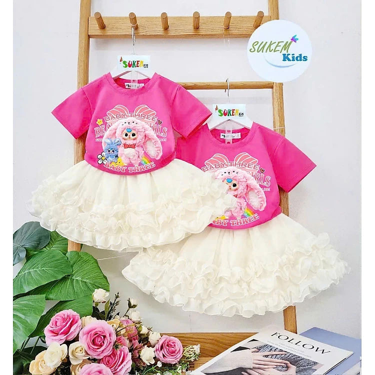 [MẪU MỚI] Đồ bộ áo thun phối váy voan tiểu thư cho bé gái hình baby three từ 20-40kg chất cotton mềm mịn mát