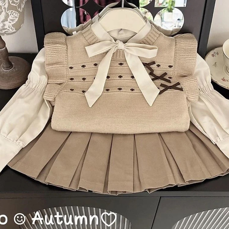 Set váy cho bé gái 3-8 tuổi đính 3 nơ và thỏ. Váy thu đông trẻ em phong cách Hàn Quốc kiểu dáng thời trang