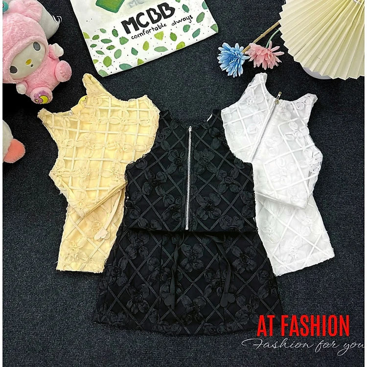 Nguyên set bộ quần giả váy phối áo croptop cho bé gái phong cách từ 10-40kg chất vải mềm mịn mát