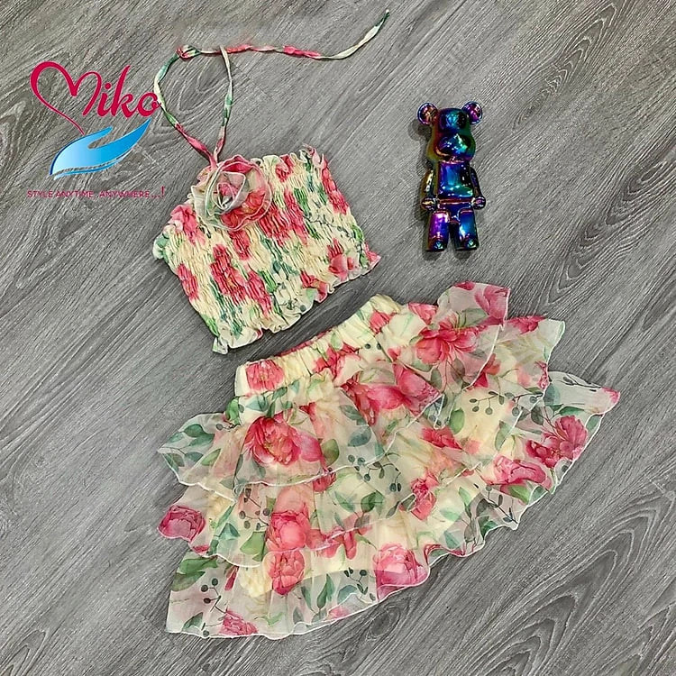 Nguyên set bộ quần giả váy phối áo croptop đính hoa cho bé gái du lịch đi biển từ 5-30kg chất voan mềm mịn mát