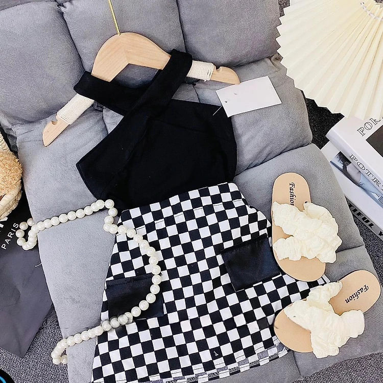 Nguyên set bộ quần giả váy phối áo croptop chéo dây cho bé gái phong cách từ 12-40kg chất cotton mềm mịn mát
