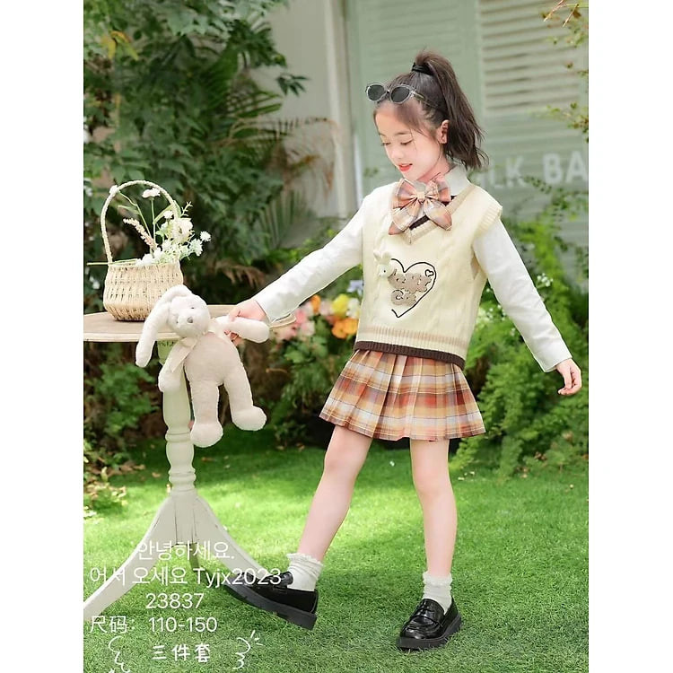 Set váy cho bé gái 3-8 tuổi đính 3 nơ và thỏ. Váy thu đông trẻ em phong cách Hàn Quốc kiểu dáng thời trang