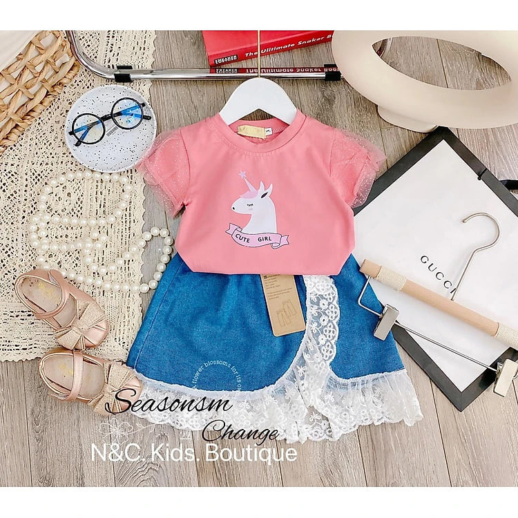 Quần áo bé gái, nguyên set chân váy phối áo hình Pony cho bé gái đi chơi đẹp từ 12-20kg chất cotton mềm mát