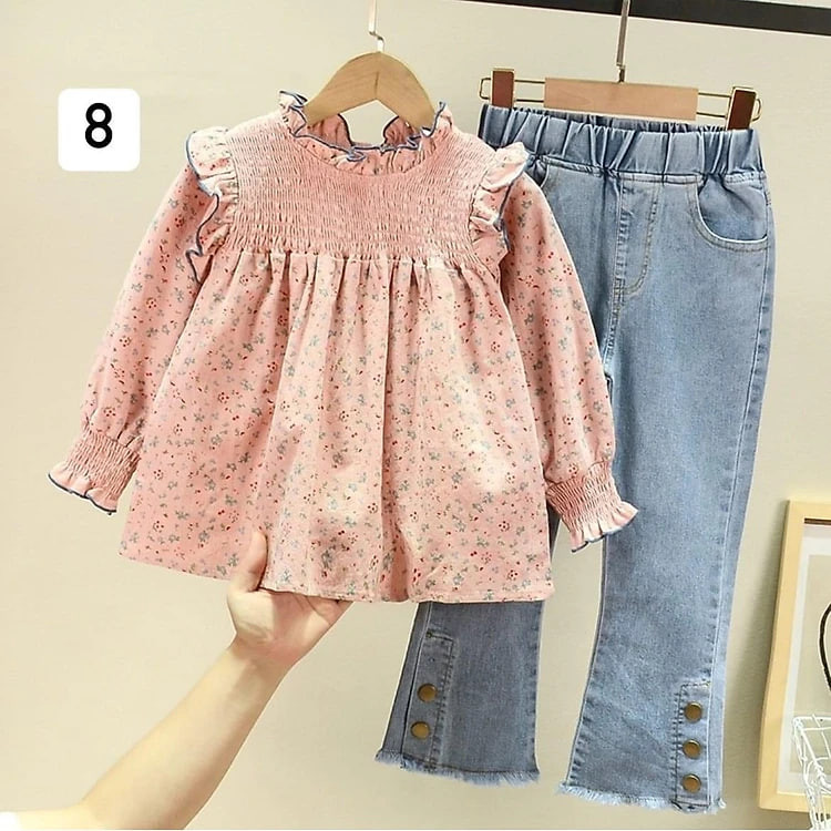 Set quần jeans và áo sơ mi hoa nhí bé gái siêu xinh