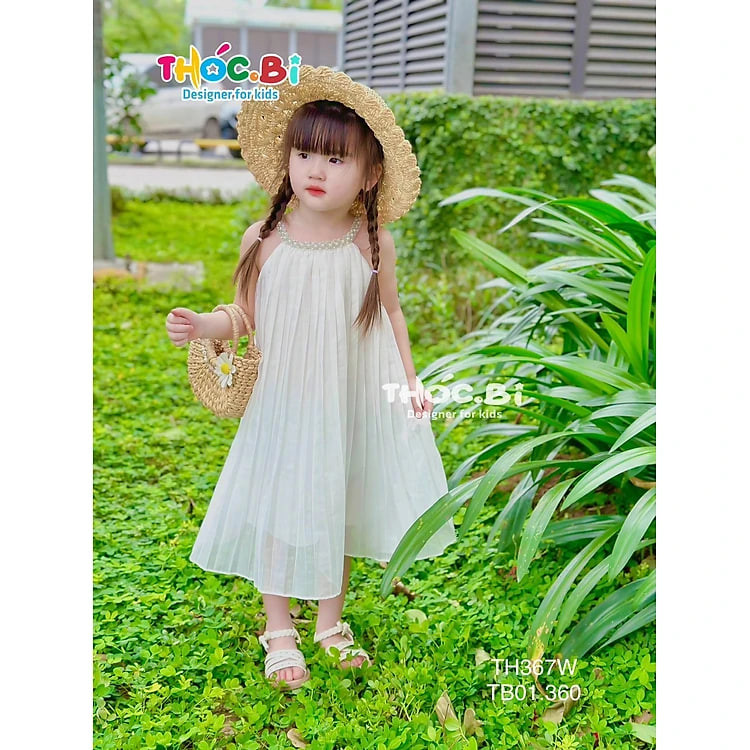 Váy 2 dây cho bé gái 2-11 tuổi cổ cách điệu đính hạt hàng thiết kế vải tơ nhẹ thoáng mát đáng yêu